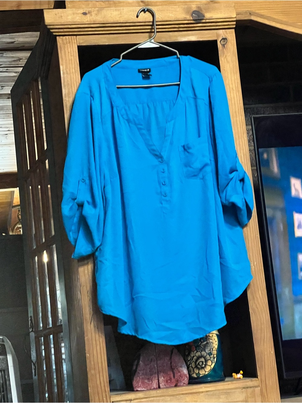 torrid Teal Button-Front Roll-Sleeve Blouse